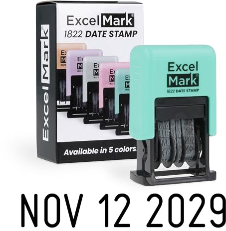 ExcelMark 1822 Date Stamp – Perfect for Shipping, Receiving, Expiration and Due Dates (Black Ink, Seafoam Mount)