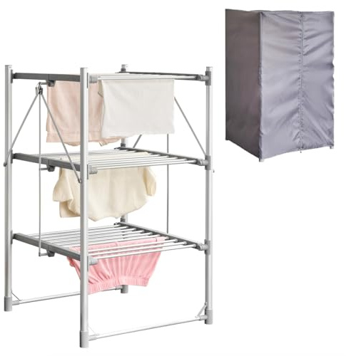 Zennox 3 Tier Folding Heated Clothes Dryer with Cover | Energy Saving Clothing Laundry Airer | Large Capacity Foldable Electric Rapid Heat Up Drying Rack with 30 Bars, Holds Up To 30kg