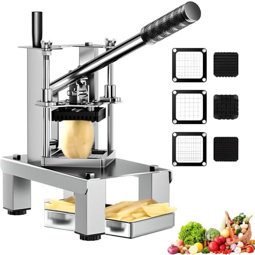 Cortador de Papas Fritas Comercial, Cortador Vertical Manual con 3 Cuchillas de Repuesto y Mango Extensible, para Papas, Cebollas, Zanahorias y Pepino