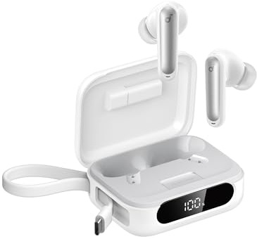 soundcore P41i av Anker, adaptiva brusreducerande hörlurar med bärbar telefonladdare (inbyggd USB-C-kabel), 192h speltid, omslutande ljud, 6 AI-mikrofoner, IPX5 (White Integrated Lightning connector)