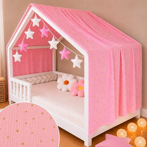 YellowNest Dosel Cama Infantil - Dosel Cama Montessori 70x140cm y 80x160cm - Muselina 100% algodón - con Guirnalda (Rosa Guirnalda, 130 x 320 cm)