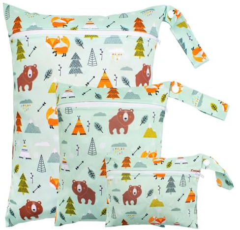 Lunaanda 3 Piezas Bolsas Impermeables Bebe, 3 Tamaños Bolsa de Pañales de Tela Reutilizables con Cremallera para Bebe Pañales Mojados, Ropa Sucia, Piscina, Camping, Viajes, Gimnasio y Playa (Verde)