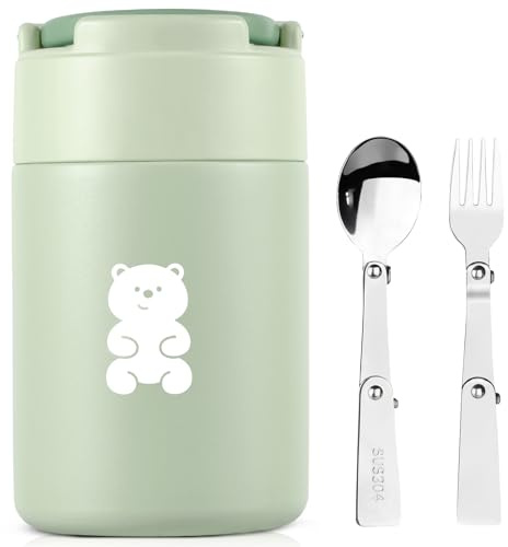 HOUSETEC Food Flask - 600ML Insulated Lunch Box with Foldable Fork& Spoon, Leak Proof Soup Flask, Portable Wide Mouth Soup Containers for Outdoors, Indoors (Green)