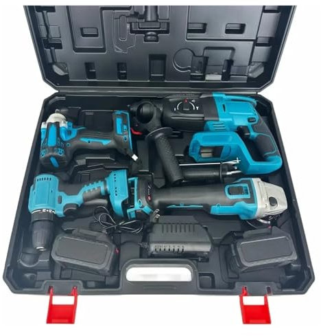 Quattro set di trapano elettrico a batteria, chiave, martello e smerigliatrice angolare. Un set di quattro utensili. Per demolizione, scavo di trincee, scalpellatura