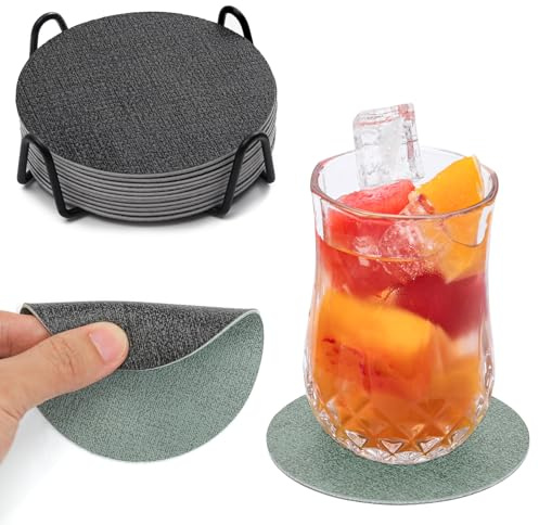 Chitomars Untersetzer Gläser 12er Set, doppelseitige Leder Glasuntersetzer | Rutschfest abwaschbare Getränkeuntersetzer Kunstleder Glas Untersetzer-Set mit Halter (Grau Salbeigrün, Rund)
