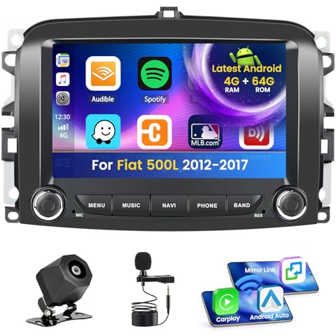Inefala 4+64G Autoradio per Fiat 500L 2012-2017 Android 15 con Wireless CarPlay Android Auto, 7'' Schermo per Auto Soporta Bluetooth WIFI GPS FM/RDS 32EQ SWC AHD Telecamera Posteriore