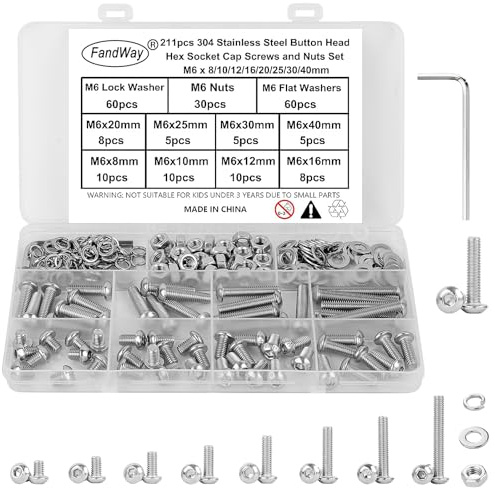 211 Piezas Juego de Tornillo y Tuercas y Arandelas, M6 Tornillos Hexagonal Cabeza Redonda, Tornillos de Máquina Cabeza Allen Alomada, ISO 7380 Métricos Rosca Completa Acero inox 304 con 1 llave.
