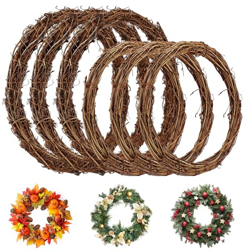Natural Grapevine Wreath 3 PCS 35 CM +3 PCS 25 CM Spring Wreath for Front Door Vine Rattan Wreath for DIY Craft Front Door Wall Decor Easter Christmas Halloween Wreath Wedding Party Decor