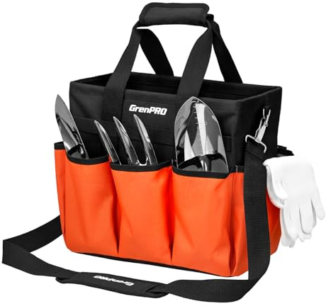 GRENPRO Garden Tool Bag, 10 Pockets, Adjustable Shoulder Strap, Orange | Heavy-duty gardening organizer tote stands upright and folds for storage at home or in the garden,Tools are not included