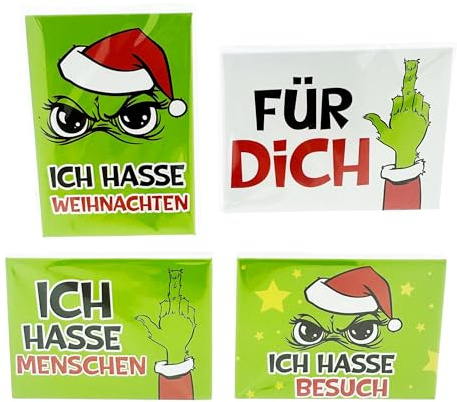 4er Set Witzige Kühlschrankmagneten – 9 x 6,5 cm | Freche Sprüche für Festtags-Muffel - Lustige Magnet-Deko für Weihnachten, Silvester & Co, Geschenkidee für Freunde & Kollegen