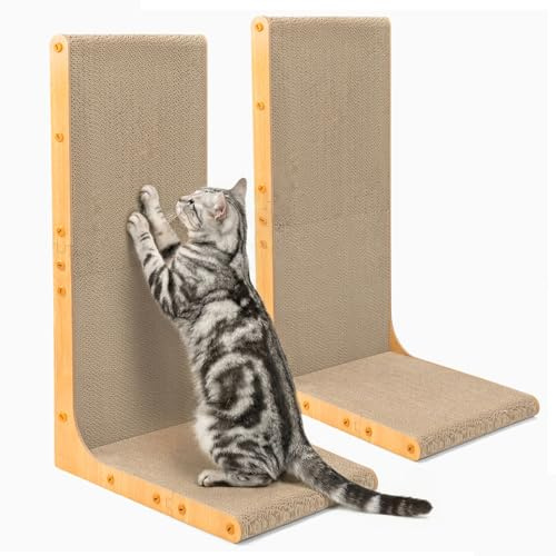 Conlun Rascador para Gatos, 66 cm Forma en L Montable en Pared, Panel de Rascado Vertical, Cartón Duradero para Proteger Muebles de Gatos de Interior,Junbo,Madera Clara，2-Pack