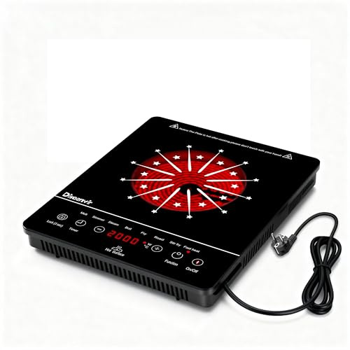 Disaenvir Placa Vitrocerámica Portátil de 1 Fuegos, Placa Eléctrica de 2000 W con Temporizador, Bloqueo para Niños e Indicador de Calor Residual, Temperatura Máxima 650 °C, con Enchufe, 220-240 V