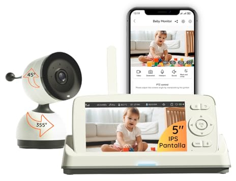 Cámara de vigilancia para bebé PTZ, Full HD 1080P, monitor IPS de 5, audio bidireccional, detección de llanto y movimiento, visión nocturna, VOX, modo Wi-Fi apagado, Wi-Fi remoto, largo alcance 500 m