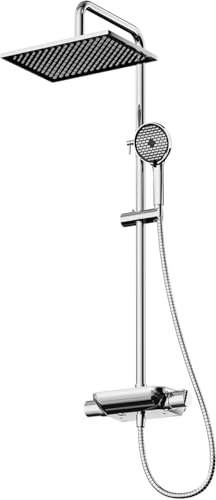 Cobbe Thermostatic Shower Mixer Set with 12 Square Rainfall Shower Head, Three-Function Water Outlet Control, 6 Modes Shower Head with 1.5m Hose and Adjustable Riser Rail for Bathroom(Chrome)