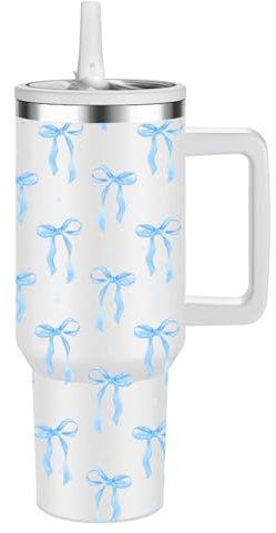 Thermobecher Auslaufsicher,40oz Edelstahl Kaffeebecher to go isoliert mit Strohhalm,Reisebecher 100% Leckschutz, Doppelwandiger Heiße Kalte Getränke Trinkbecher,Trinkflasche bpa frei(Blaue Schleife)