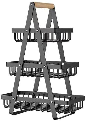 3-Tier Fruit Basket & Vegetable Rack, Detachable Kitchen Storage Rack | Wooden Handle and Drain Basket, Ideal for Kitchen Accessories, Fruit Bowls, Vegetable Storage, Bread, and Snacks
