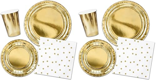 Decoraparty Kit Stoviglie Oro per 6 Invitati, Decorazioni Addobbi Dorate da Tavola Monouso per 6 Persone per Capodanno Natale Celebrazione 6 Piatti Grandi 6 Piatti Piccoli 20 Tovaglioli 6 Bicchieri