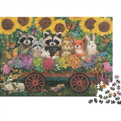 Vintage Sunflower Animal Art 1000pc Jigsaw Puzzle Cardboard for Family Flower Cart Animal Art Mindfulness Glare-Free Precision Cut 52x38cm/1000pcs