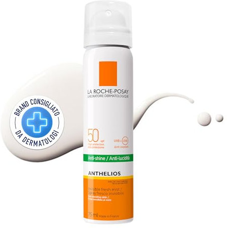 La Roche Posay Anthelios, Spray Viso Invisibile SPF50+, Per Tutti i Tipi di Pelle, Azione Protettiva Anti-UVA e UVB, Effetto Opacizzante, Con Glicerina e Acqua Termale, 75 ml