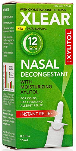 Xlear 12-Hour Natural Saline Nasal Decongestant Spray with Xylitol and Oxymetazoline, Instant Sinus Pressure and Congestion Relief for Kids and Adults 0.5 fl oz (Pack of 4)