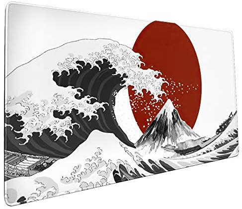 Black White Wave Gaming Mouse Pad XXL Japanese Red Sun Extended Big Large Desk Mat Non-Slip Rubber Base Stitched Edge Long Keyboard Mousepad for PC Computer Laptop,35.4×15.7 Inches