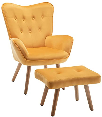 HollyHOME Ohrensessel mit Hocker Sessel mit Hocker Sessel Wohnzimmer & Schlafzimmer Samt Relaxsessel Lesesessel Lounge Sessels Armlehnensessel, Gelb