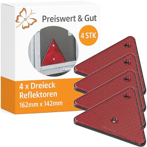 Preiswert&Gut 4 x Dreiecksreflektoren mit schwarzem Rand ca. 162 mm x 142 mm E20 Lochabstand ca. 70 mm – Reflektoren für Anhänger Rückstrahler Katzenaugen