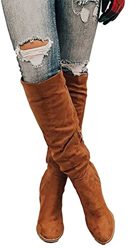 Susenstone Botte Haute Femme Longue Hiver en Daim avec Bloc Talon - Chaude Mode Lacet Genou Elastique Noir - Bottes de Combat de Moto