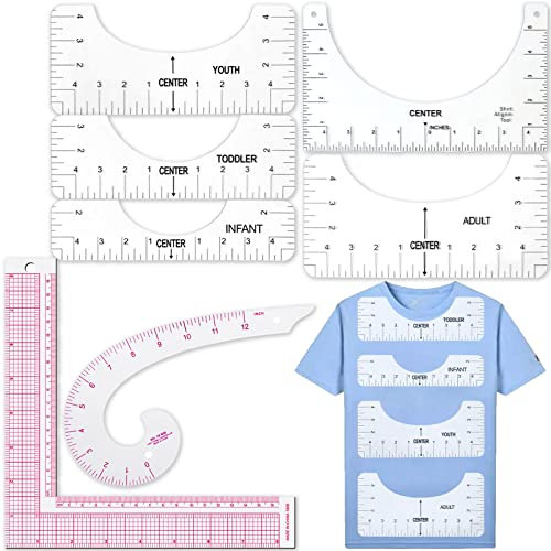 DKDDSSS 7 Stück Lineal Nähen, T-Shirt Ausrichtungslineal, L-quadratische Form Lineal, Kurvenlineal zum Nähen, Nähzubehör für DIY Kleidung, für Erwachsene, Jugend und Kinder(Transparent)