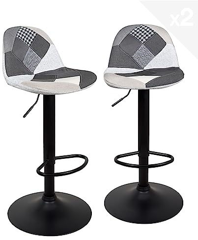 Kayelles – Juego de 2 taburetes de Bar Asiento Patchwork Tejido Acolchado, reposapiés Regulable en Altura y Giratorio de 360°, pie Negro Sig (Patchwork Gris)