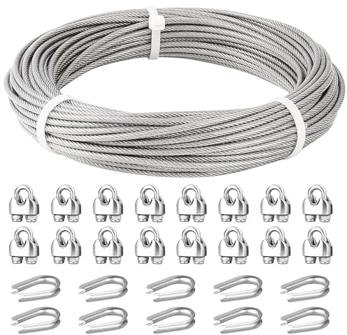 Fshihine Stahlseil 5mm, 15M Edelstahl-Drahtseil 304, 7x19 Konstruktion Spanndraht mit M5 Drahtseilkauschen & Drahtseilklemmen, Bruchlast 1600 kg, Stahlkabel Set für den Außenbereich, Garten, Geländer