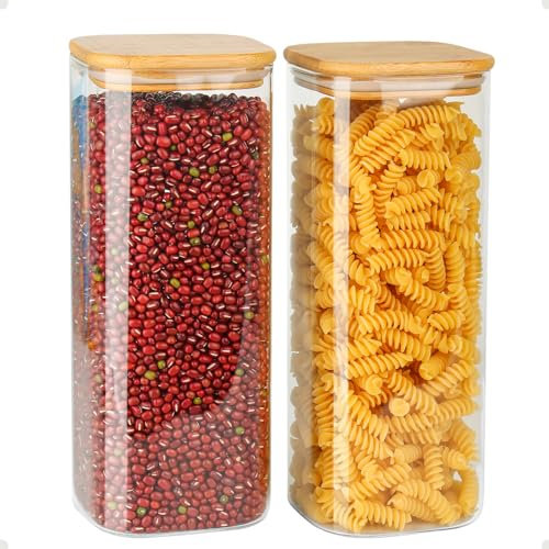 HUALIANG Vorratsdosen Glas Eckig 2er Set,2100ml Glasbehälter mit Deckel aus Bambus,Vorratsgläser mit Etiketten,Luftdicht Gewürzgläser aus Borosilikatglas,Aufbewahrungsgläser Küche für Spaghetti,Kaffee