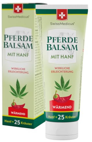 SwissMedicus Bálsamo para caballos con cáñamo, efecto de calentamiento para músculos y articulaciones, con 25 extractos naturales, uso diario, gel natural, 75 ml