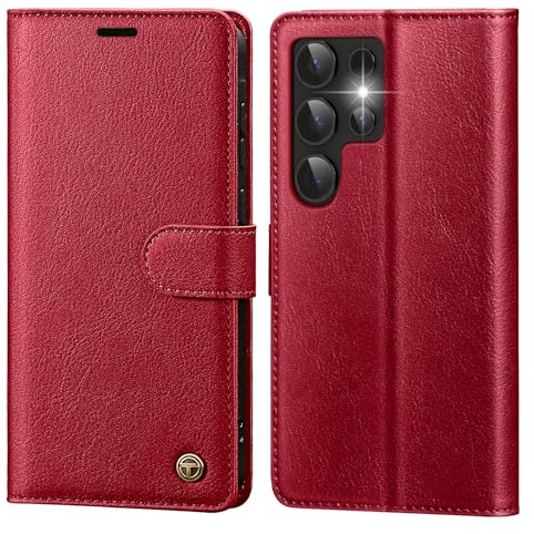 CASBST Handyhülle für Samsung Galaxy S24 Ultra Hülle mit Panzerglas Leder Schutzhülle Klappbar mit Kartenfach Ständer Magnet Handytasche mit RFID Flip Case Klapphülle für Samsung S24 Ultra Rot