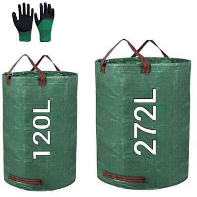 Lot 2 sacs de jardin professionnels, Sacs à Déchets de Jardin réutilisables(120L et 272L), sacs à feuilles, sacs à débris de jardin, sacs robustes pour pelouse et feuilles, avec Gants de Jardinage.