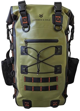 Jackson & Cole Caiman Waterproof Backpack - LARGE 40L Dry Bag Backpack - Rolltop, Welded Seams, EDC Webbing for Fishing, Walking, Watersports (Jungle Green)