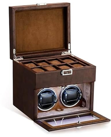 HEYOUTH Carica Orologi Automatici,Scatola del Tempo per Orologi,Orologi Ultra-Silenzioso Watch Winder Con Luce a LED, Con Scomparti Extra Per Orologi (Brown)