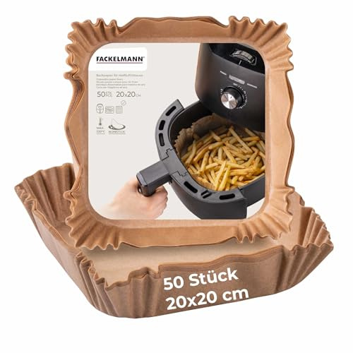 Fackelmann Carta da forno per friggitrice ad aria calda, 20 cm, rettangolare, rivestita, resistente all'olio e all'acqua, 50 pezzi, perfetta per cibi grassi e densi