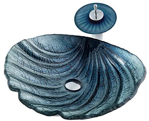 Aufsatzwaschbecken für das Badezimmer, muschelförmige, künstlerische Waschtische, 19-Zoll-Aufsatzwaschbecken aus gehärtetem Glas mit Wasserfall-Wasserhahn und Pop-Up-Ablauf, Auftischmontage (BC)