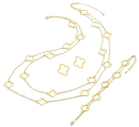 XSDSLS Vierblättriges Kleeblatt Schmuck Set Damen 18K Vergoldet Vierblättriges Kleeblatt Halskette Ohrstecker Armband Gold Silber Mehrschichtiges Vierblättriges Kleeblatt Ohrstecker Armbänder (Gold)
