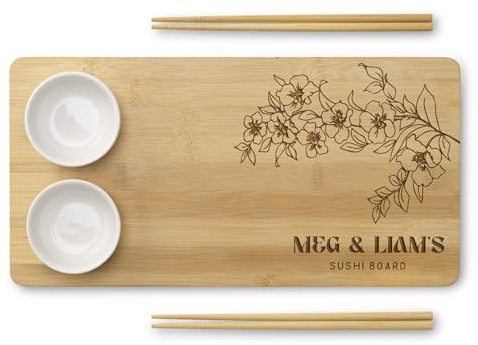 eBuyGB Personalised Bamboo Sushi Gift Set with Board on Legs, Chopsticks & Ceramic Dip Dishes, Couples Japanese Blossom Sushi Cuisine Serving Tray