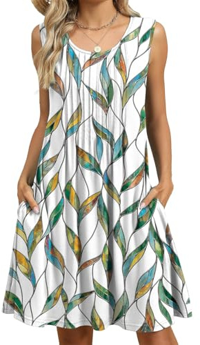 PICKLION Women's Summer Boho Dress Ladies Floral Sleeveless Tank Beach Midi Dresses with Pockets FloralWhite 2XL