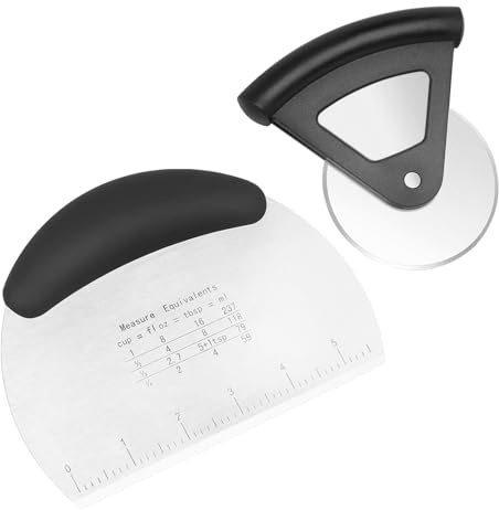 Dough Scraper with Handle and Graduated Stainless Steel Dough Scraper + Pizza Cutter, for Cutting Pizza, Pastry, Bread, Baking and Spreading
