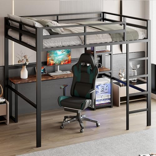 Cama alta de 140 x 200 cm, marco de hierro, varios estantes, escritorio con enchufe, con USB Type-c, barandilla, escalera (negro, individual + estantería)