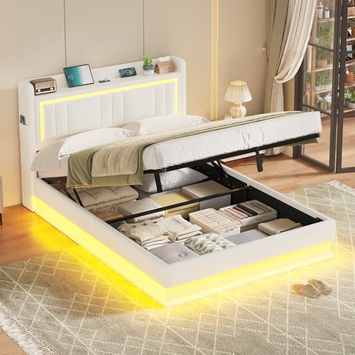 KIMENICH Bett mit LED Beleuchtung, Hydraulisches Bett 140x200 cm, Polsterbett, Kopfteil mit Stauraum, Ladestation, Bettgestell mit Lattenrost, Schwebender visueller Effekt, Schlafzimmer, PU weiß
