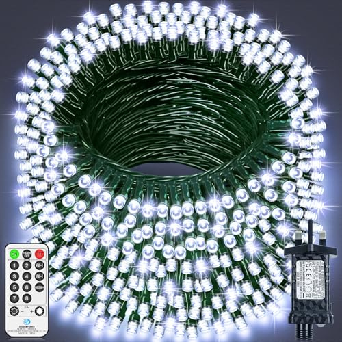 LYNNON 40M 800 LED Fairy Lights Outdoor Christmas Lights Plug in Green Wire String Lights with Remote Timer 8 Modes Waterproof for Outside Garden Tree Yard Patio Party Wedding Decorations-Cool White