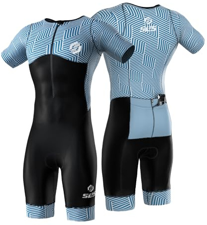 SLS3 Mens Triathlon Suit - Tri Suit Mens Short Sleeve - Breathable, Quick Drying Trisuit with 2 Pockets, Custom Padding for Cycling, Swimming & Running, Aero Design (Ocean Blue Blur, M)