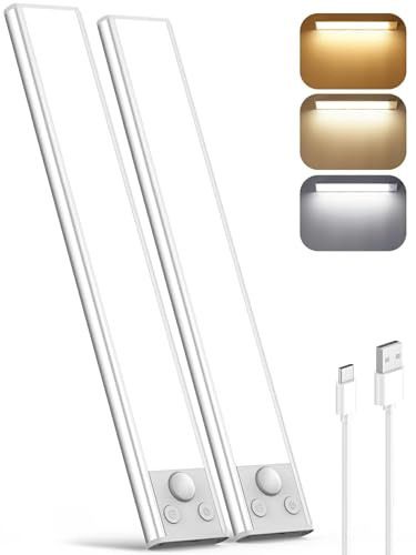 Luce LED con sensore di movimento ricaricabile, cucina sotto mobile, lampade senza fili, 3200 mAh 3 colori USB adesive per interni, per cucina, armadio/guardaroba, scale, corridoio, garage, 2