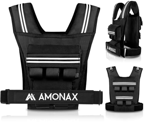 Amonax Giubbotto Zavorrato 10kg / 20kg / 30kg, Gilet Zavorrato Regolabile con Elementi Riflettenti per Uomo e Donna, per Allenamento Fitness, Camminata e Aumento della Massa Muscolare