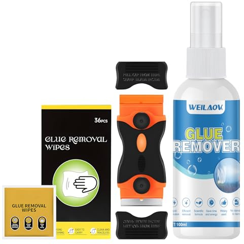 WEILAOK Decolle Etiquette, Dissolvant Colle, Dissolvant Silicone, Livré Avec un Grattoir Polyvalent un Glue Removal Wipes pour Rapidement Etiquettes Tenaces, Autocollants, Résidus de Colle-100ml